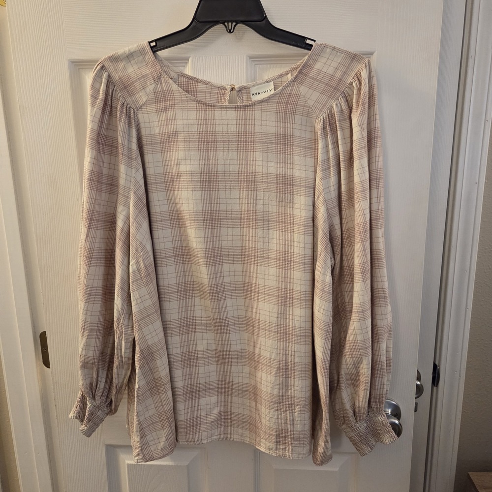 Ava &‎ Viv sz 2X pink plaid long balloon slv tunic top NWT cottage casual